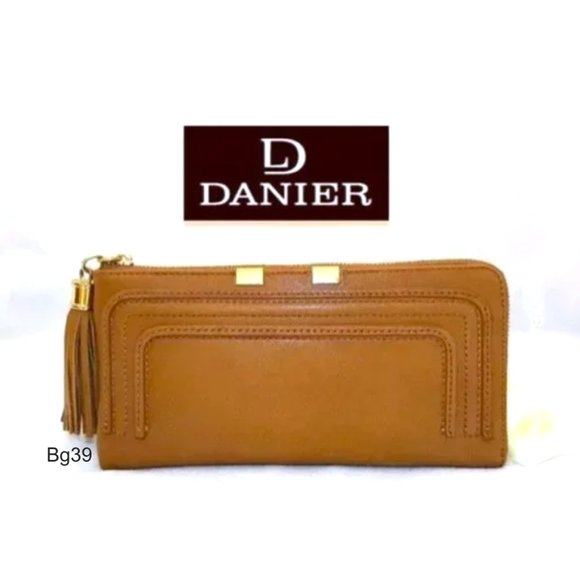 DANIER Genuine Leather Women’s Brown Zip Large Wallet Clutch Tassel Gold-tone - Picture 1 of 11